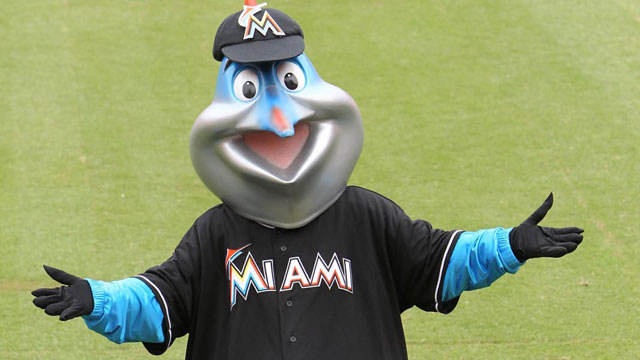 Miami Marlins mascot Billy the Marlins stands during the singing