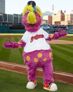 Slider, the Cleveland mascot, on the field in an Indians jersey from before the team's rename