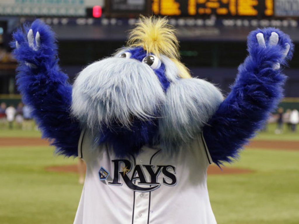 Tampa Bay Rays mascots DJ Kitty, left, and Raymond Ray stand