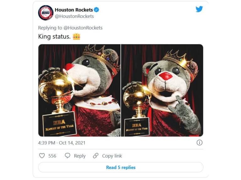 Mascot Clutch the Bear of the Houston Rockets looks on during the