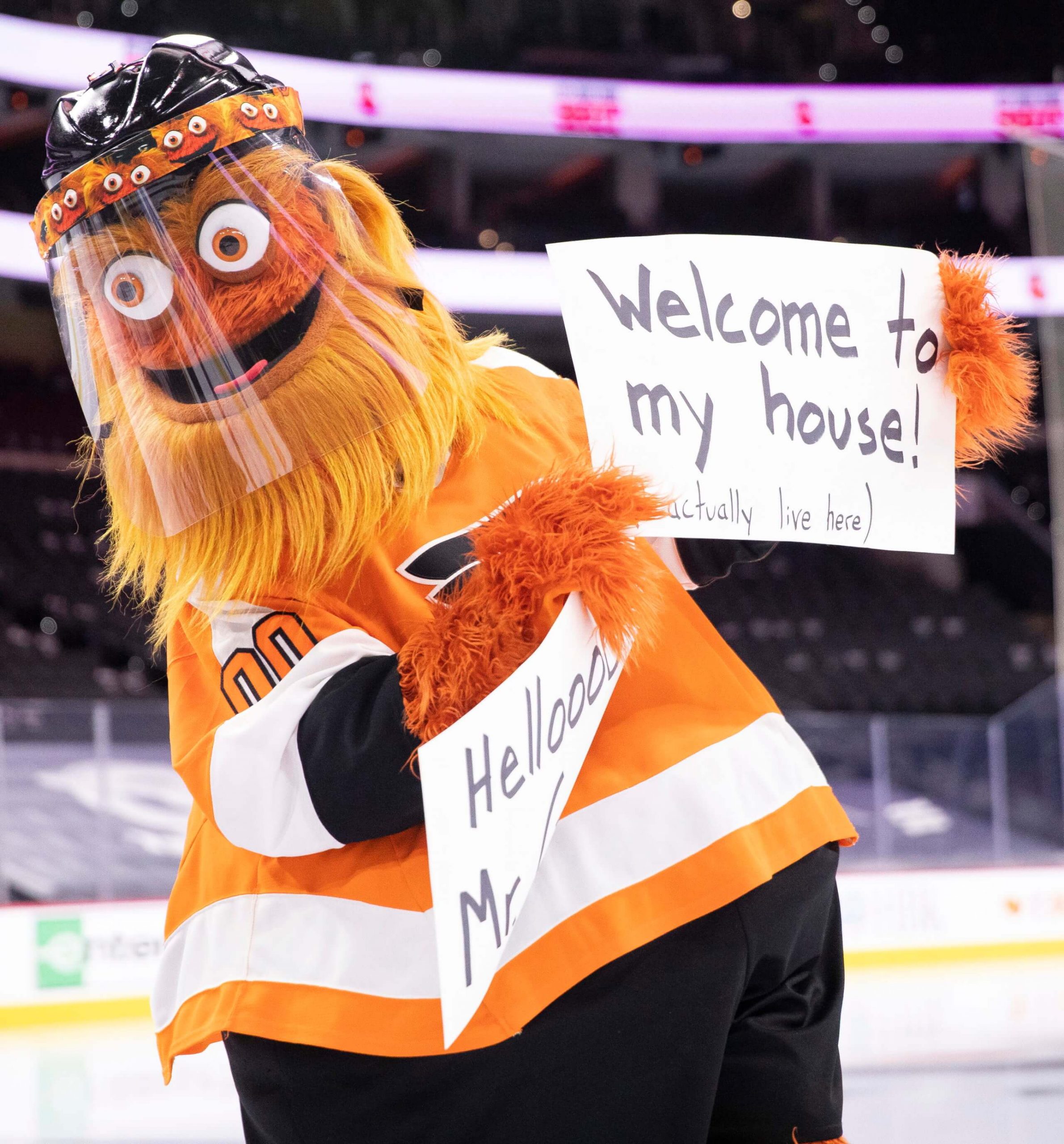 Philadelphia Flyers mascot Gritty performs during an NHL hockey